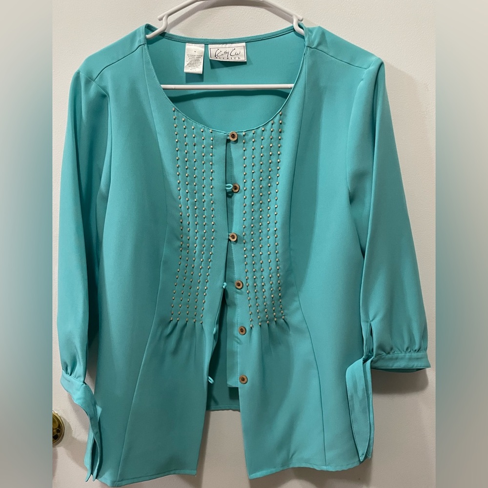 Vintage Kathy Che stretch turquoise blouse size M
